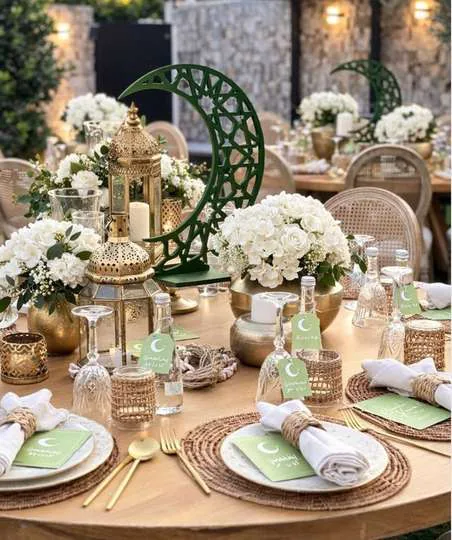 Iftar table setting with crescent centrepieces
